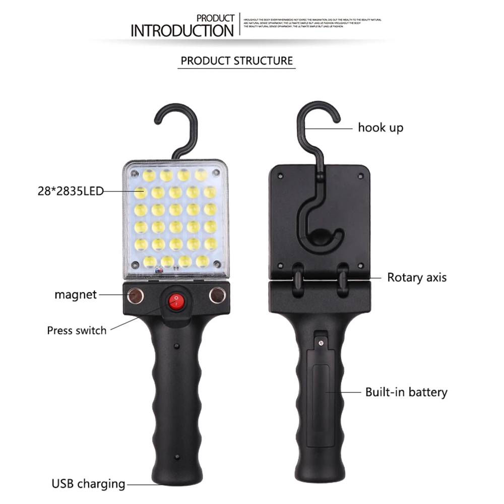 28 LEDs Super Bright Work Light USB Rechargeable Portable Hand Held Work Lamp with HangingHook,Flood Light for Camping,Repairing