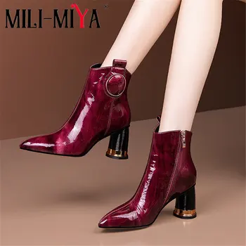 

MILI-MIYA Winter Metal Decoration Women Genuine Leather Thick High Heel Short Boots Cow Leather Zipper Shoes Green Color