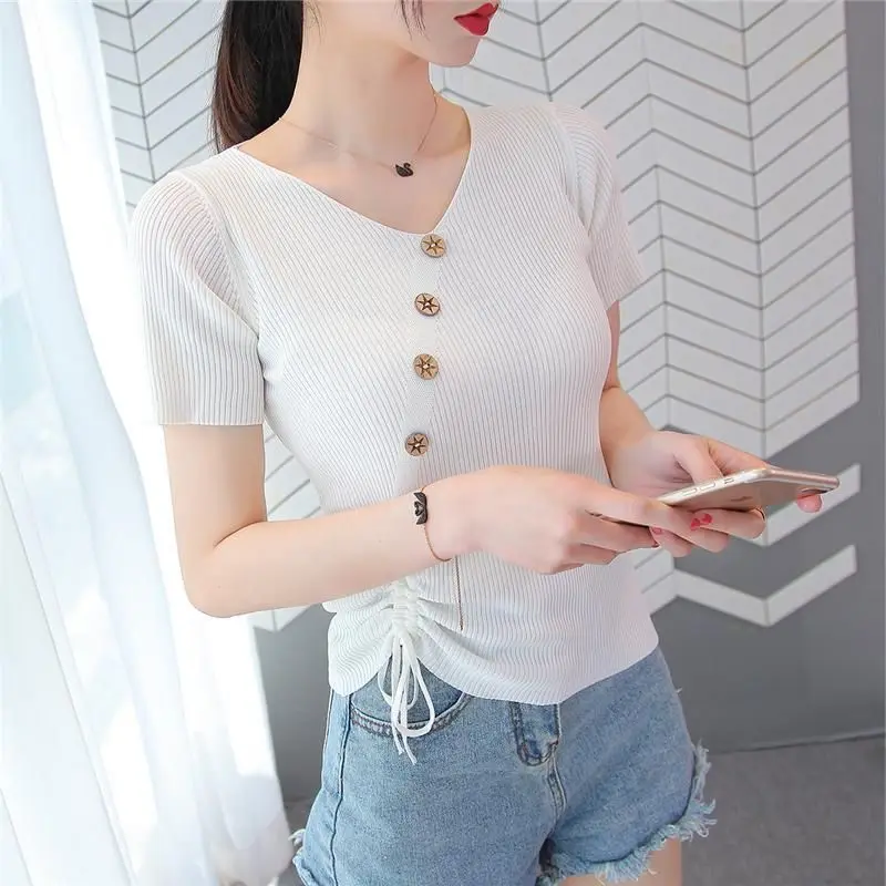 

Women t shirt 2020 new Fashion summer designer brand luxury plain white knitwear v neck T-shirt ladie short sleeve tops female