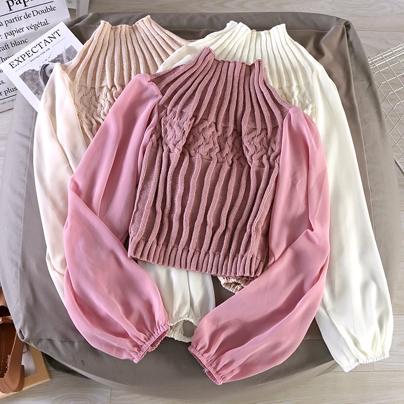 

Elegant Women Puff Lantern Sleeve Patchwork Chiffon Basic Ruffles Shirt Vintage Short Elastic Slim Pullover Knitted Blouse Tops
