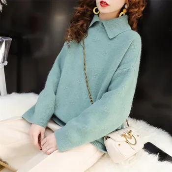 

2020 Autumn Winter Warm Knitted Turn-down Collar Cashmere Sweater Long Sleeve Woolen Jumper Women Pullover Sweaters Coat New
