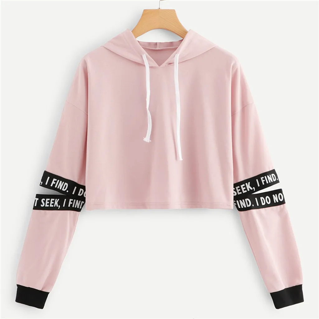 Розовая толстовка с капюшоном со шнуровкой футболка для подростков укороченный свитер Женская Повседневная осенняя одежда пуловер с капюшоном и длинными рукавами# B