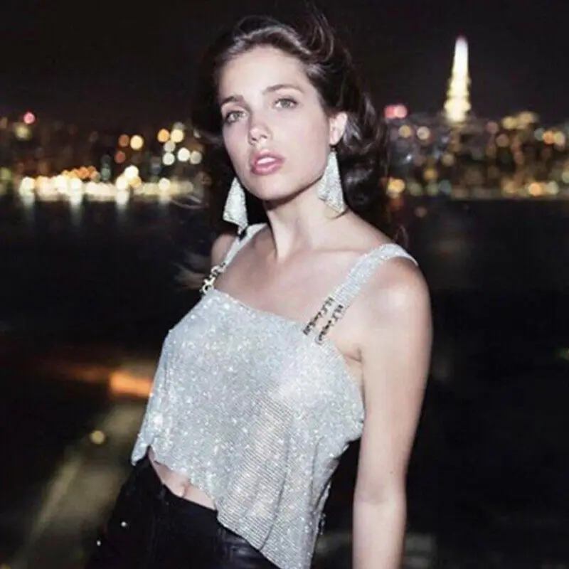 

2019 Spring New Diamond Buckle Shoulder Strap Decorative Ice Silk Knit Small Woman Short Vest