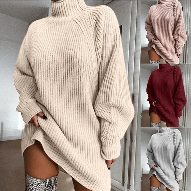 

Women Turtleneck Knitted Dress Oversized Winter Solid Long Sleeve Elegant Mini Sweater Dress Female Plus Size Knitted Dresses