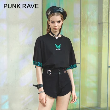 

PUNK RAVE Girl's Gothic Simple Fashion Embroidery Cat Wild Girly Loose Short Sleeve T-shirt Punk Summer Women Tops