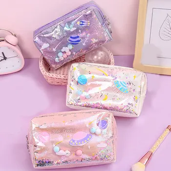 

Large Marble Pencil Case Laser Leather Pen Box Big Makeup Bag For Girls Gift PU Office School Travel Supplies Chancery Penalty
