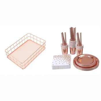 

1 Pcs Rose Gold Metal Iron Storage Basket & 146 Pcs Party Tableware Foil Paper Plates Napkins Cups Straws for 24 Guests