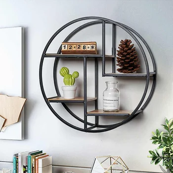 

Industrial Style Wood Iron Craft Round Wall Shelf Display Rack Storage Hanging Cabinet Antique Rack Flower Pot Holder Decror