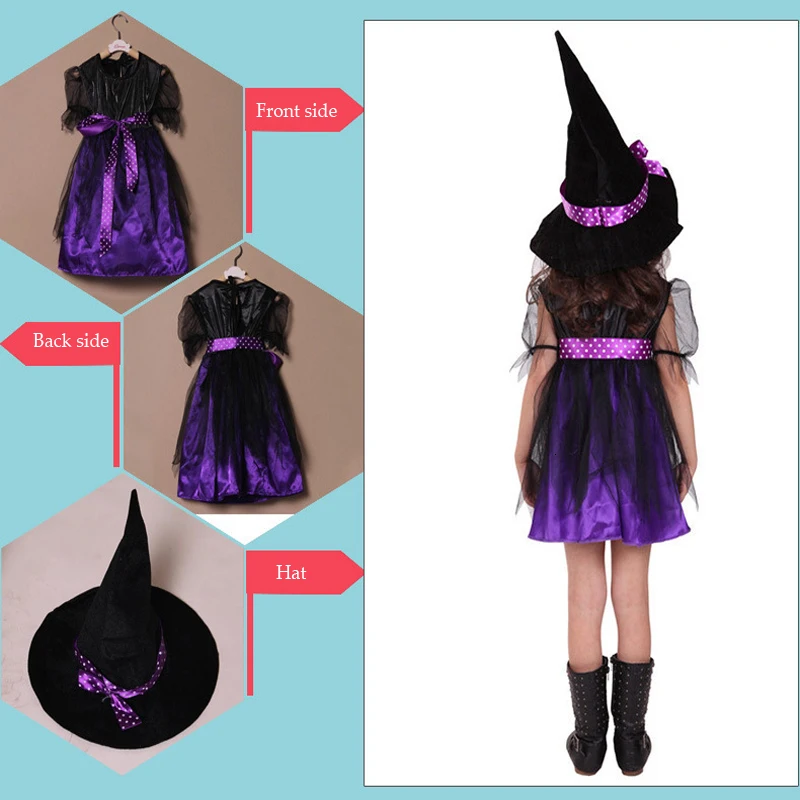 Фантазия для девочек костюм на Хэллоуин Coaplay ведьма платье детей Костюмы, детское платье для девочек, шляпа для маленьких девочек украшение Vestido