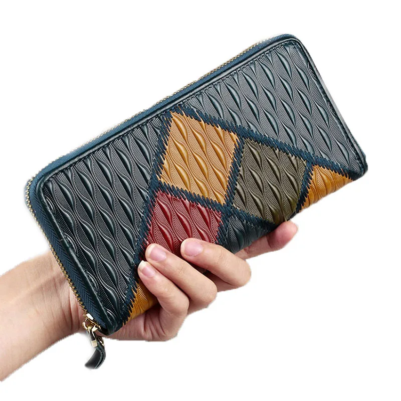 

High Quality Genuine Leather Patchwork Clutch Wallet Money Handy Wrist Bags ID/Credit Card Holder Embossed Women Long Purse
