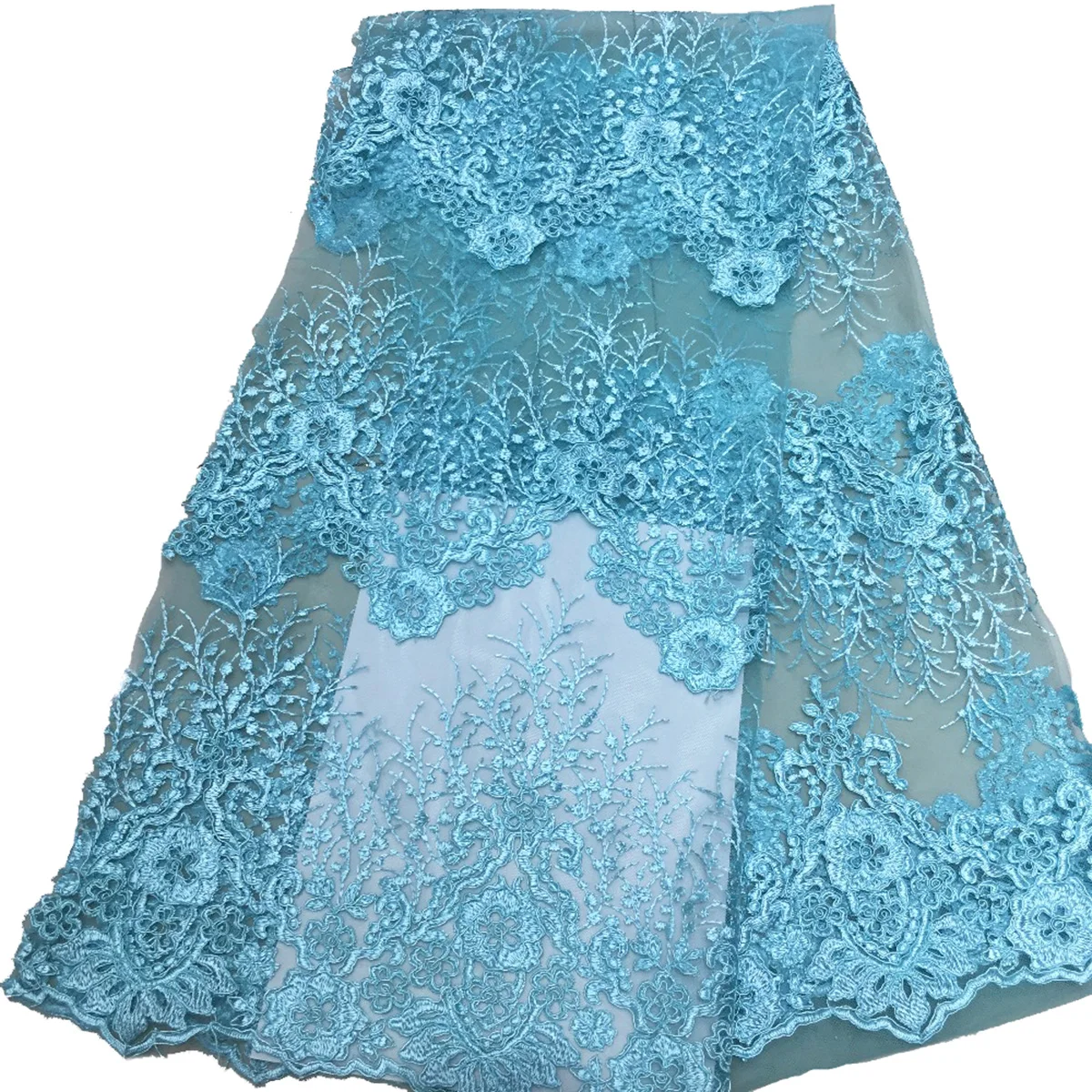 

New Fashion Design Baby Blue African Embroidery Guipure French Lace Fabric Waving Pattern Aqua Green Yarn For Ladies Party Dress