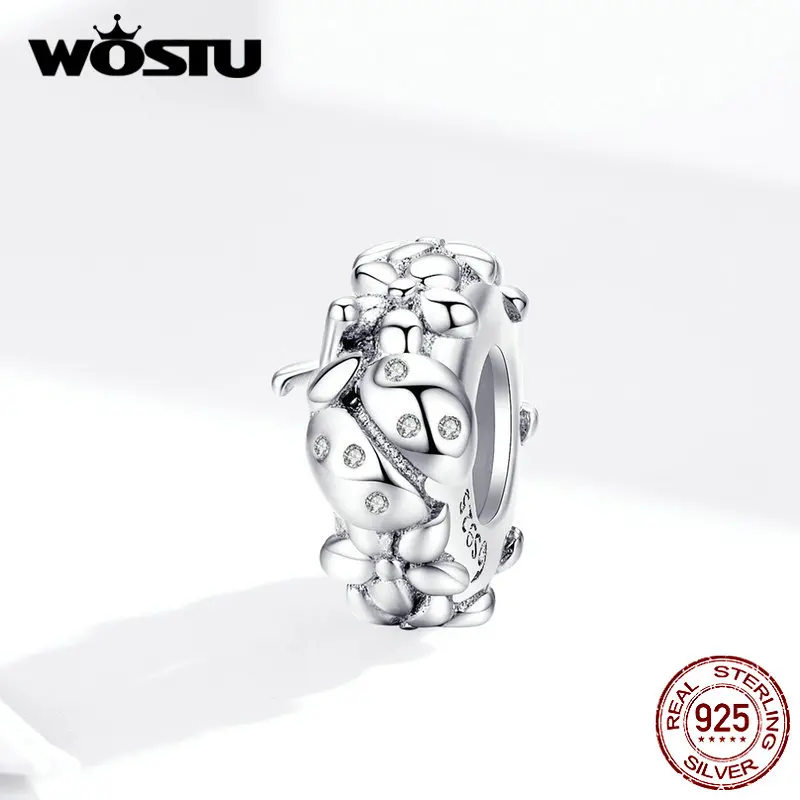 WOSTU 925 пробы Серебряный цветок Божья коровка силиконовые пробки Бусины разделитель Шарм Подходит браслет кулон ювелирные украшения CTC112