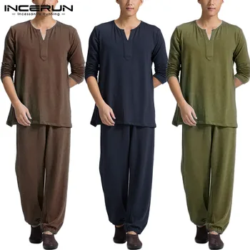 

INCERUN Vintage Solid Suits Mens Loose Chinese Style Sets Casual Long Sleeve V Neck Tops Elastic Pants 2 Pieces Mens Sets S-5XL