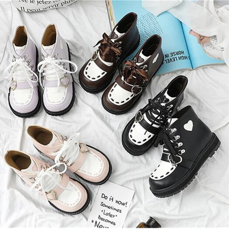 

Autumn Winter Sweet Lolita Shoes College Round Head Thick Bottom Women Shoes Lacing Plus Velvet Keep Warm Kawaii Shoes Loli Cos