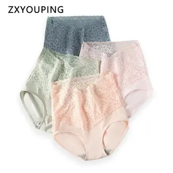 

4Pcs Lace High Waist Panties Women Sexy Seamless Underwear Soft Comfort Briefs Cotton Breathable Underpants M-XL Ladies Lingerie