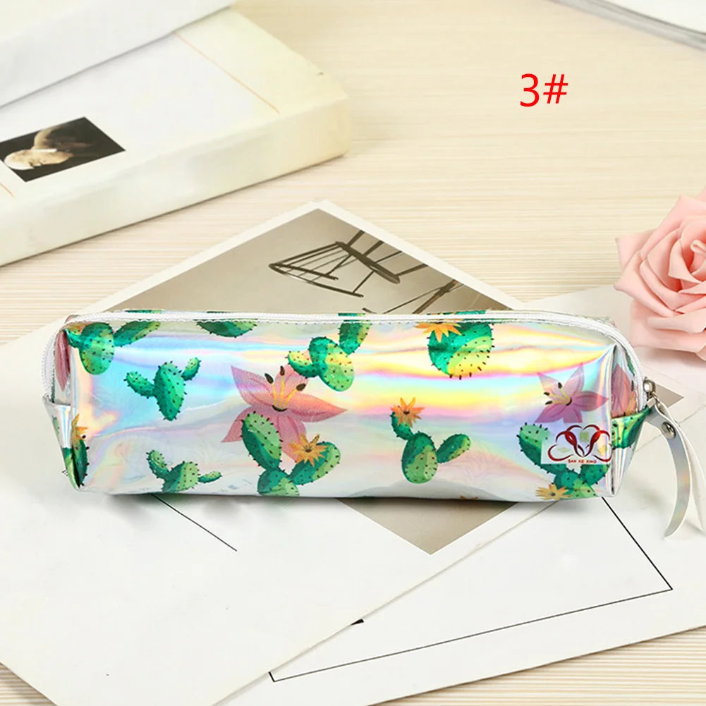 Student For Girl Boys Cartoon Pencil Bag Pen Case Holographic Laser Stationery Cactus Pattern Waterproof School Supply