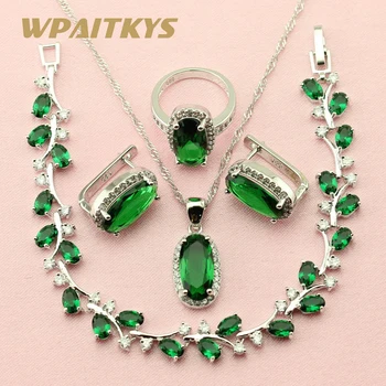

Exquisite Green Cubic Zirconia 925 Silver Jewelry Sets For Women Wedding Earrings Chain Bracelet Necklace Pendant Ring Free Box