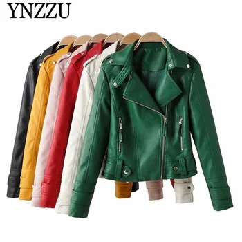 

2019 Autumn Winter Green Women PU jacket Slim Motorcycle Faux leather jackets Long sleeve Girls Female Solid Outwear YNZZU YO945