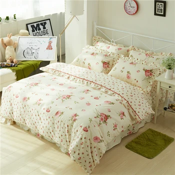 

Chic Vintage Floral Duvet Cover with Ruffles Bed Sheet Set Elegant Princess Girls 100%Cotton Soft Twin Queen King Bedding sets