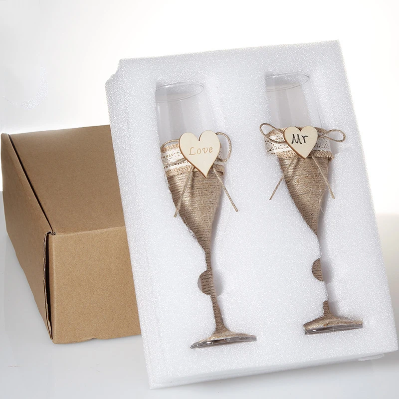 2 шт набор Свадебные стеклянные Персонализированные Свадебные бокалы es Свадебные флейты для шампанского из мешковины кружева деревенские флейты