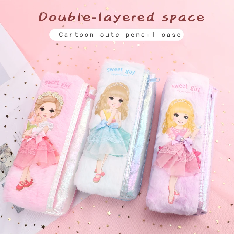 

3D cute girl fuzzy pencil case kawaii large capacity office school stationery double zip fabric pencil case