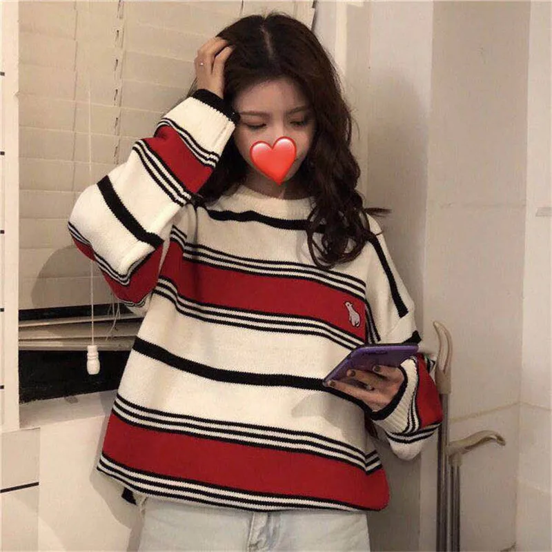 2 Полосатый Женский Kawaii Ulzzang Винтаж колледж свободный свитер с облачком женский корейский Панк Тонкий милый свободный Harajuku одежда для женщин - Цвет: 2