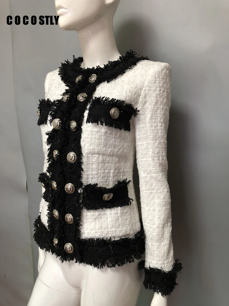 New  Women elegant black white tweed jacket fringe double breasted office lady formal jackets 2019 winte