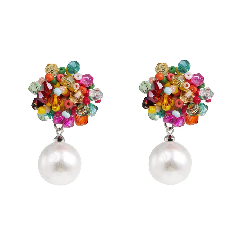 1Pair Bohemian Ethnic Cluster Rainbow Glass Seed Beaded Stud Earrings Round Piercing Beads Pearl Dangle | Украшения и аксессуары