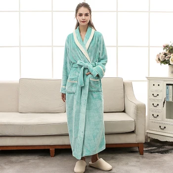 

2020 Women's Winter Sleepgown Loose Plus Size Solid Long Nightwear Female Deep V Neck with Pockets Belt Casual Thick Sleepwear