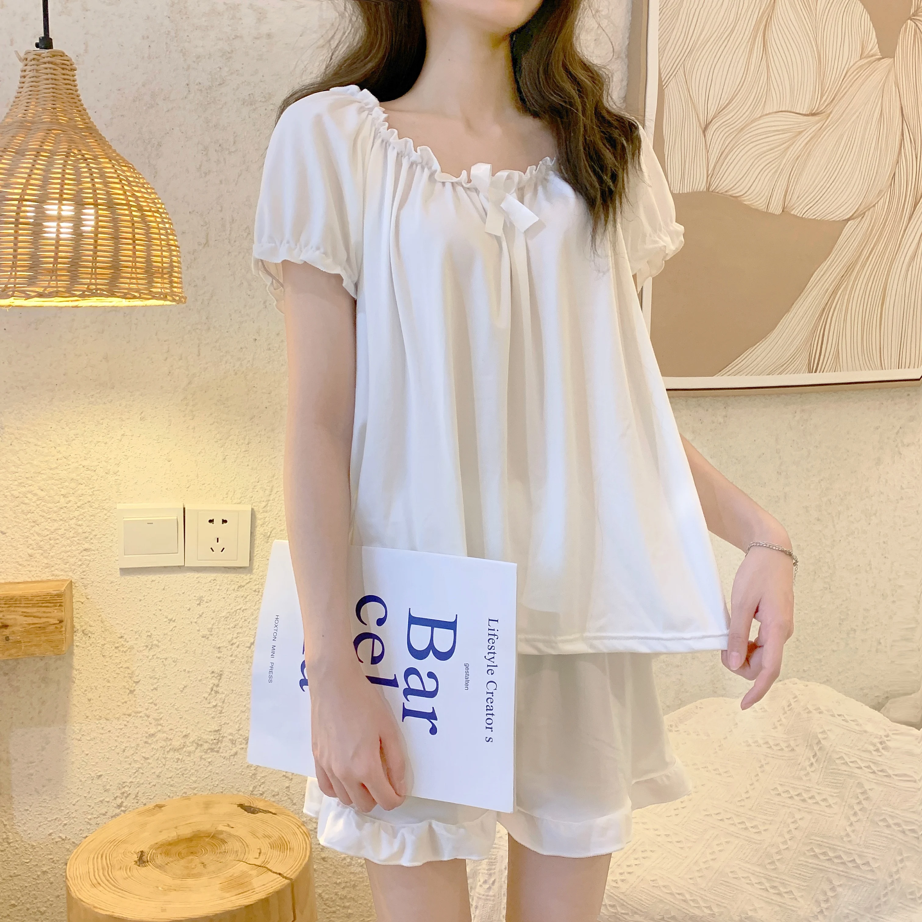 Summer Short Sleeve Pajamas Set Ice Silk Loungewear Suit Sweet White Princess Ruffle Lounge Sleep Shirt Loose Night Suit Wedding