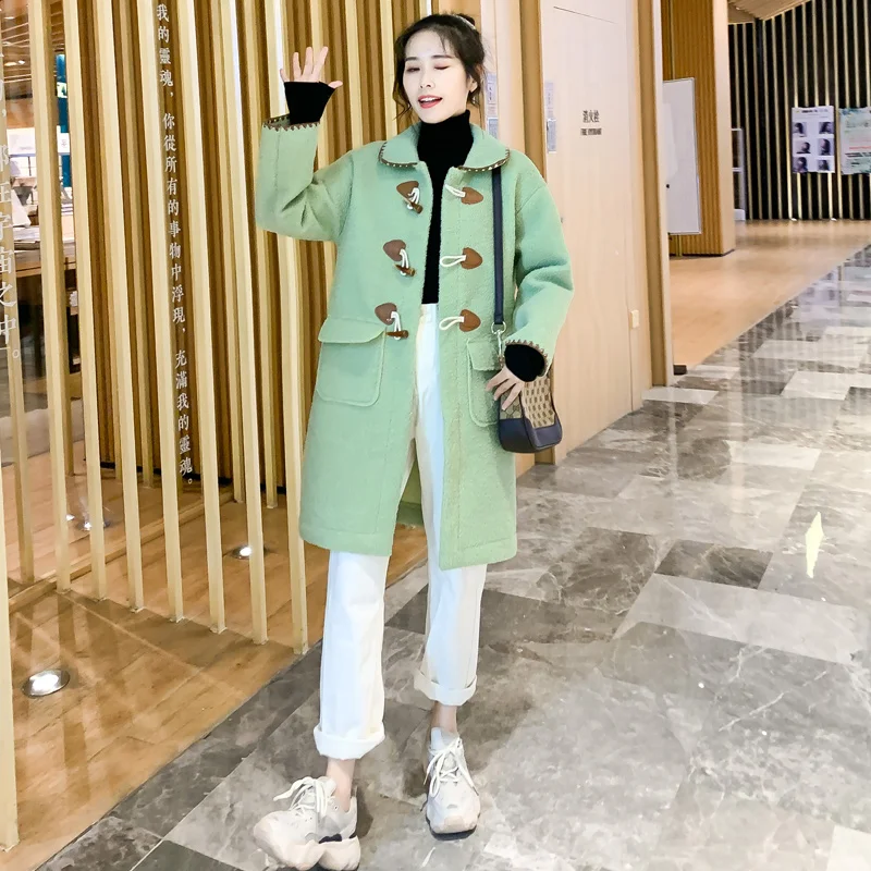 Green Pregnant Women Winter Long Loose Embroidery Woolen Coats Turn-Down Collar Buttons Fly Cardigans New Year Jackets Work Clothes - Цвет: Green