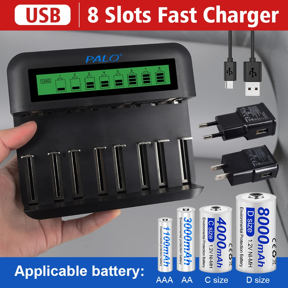 

PALO AA AAA C D Rechargeable Battery 1.2V NIMH battery+LCD Smart Charger For 1.2V NIMH NICD AA AAA C D Rechargeable Batteries