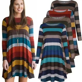 

hirigin Autumn Women Long Sleeve Stripe Mini Dress Ruffles Loose Office Lady O Neck Casual Pocket Short Dress