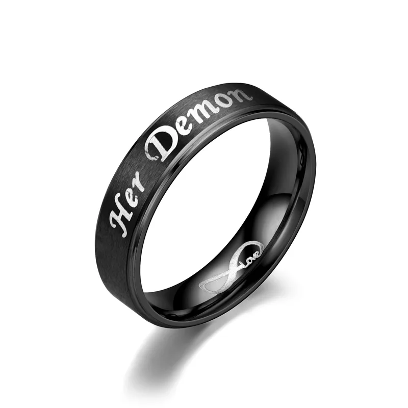 AsJerlya 6mm Couple Rings Her Demon His Angel Black Ring For Women Men Stainless Steel Eternal LOVE Jewelry Accessories 3