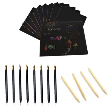

40 DIY Rainbow Magic Scraping Painting A4 Paper+4 Scratch Painting Bamboo Stylus Sticks+8 Dual Tip Scraping Drawing Pen Toy