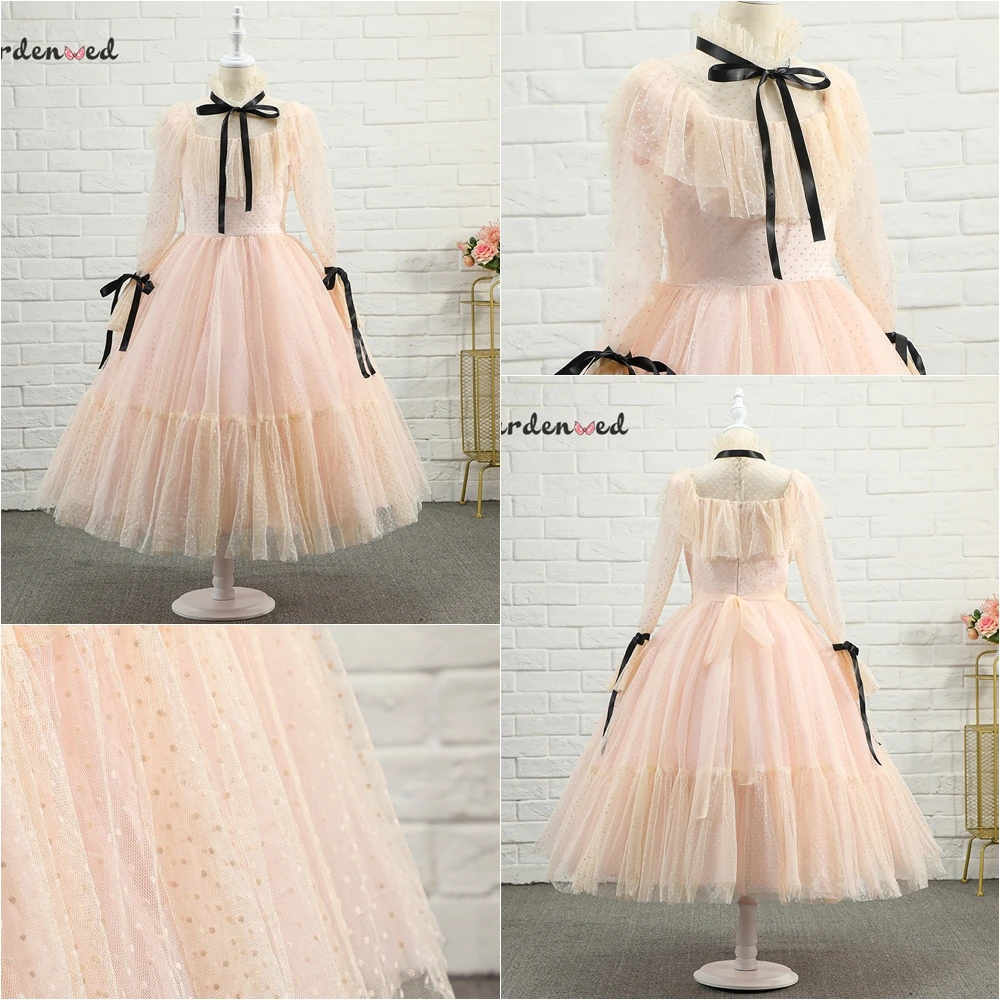 Polka-dot Tulle Flower Girl Dresses Illusion Long Sleeves Girl Wedding Party Dress Ribbons Communion Dress Birthday New Year