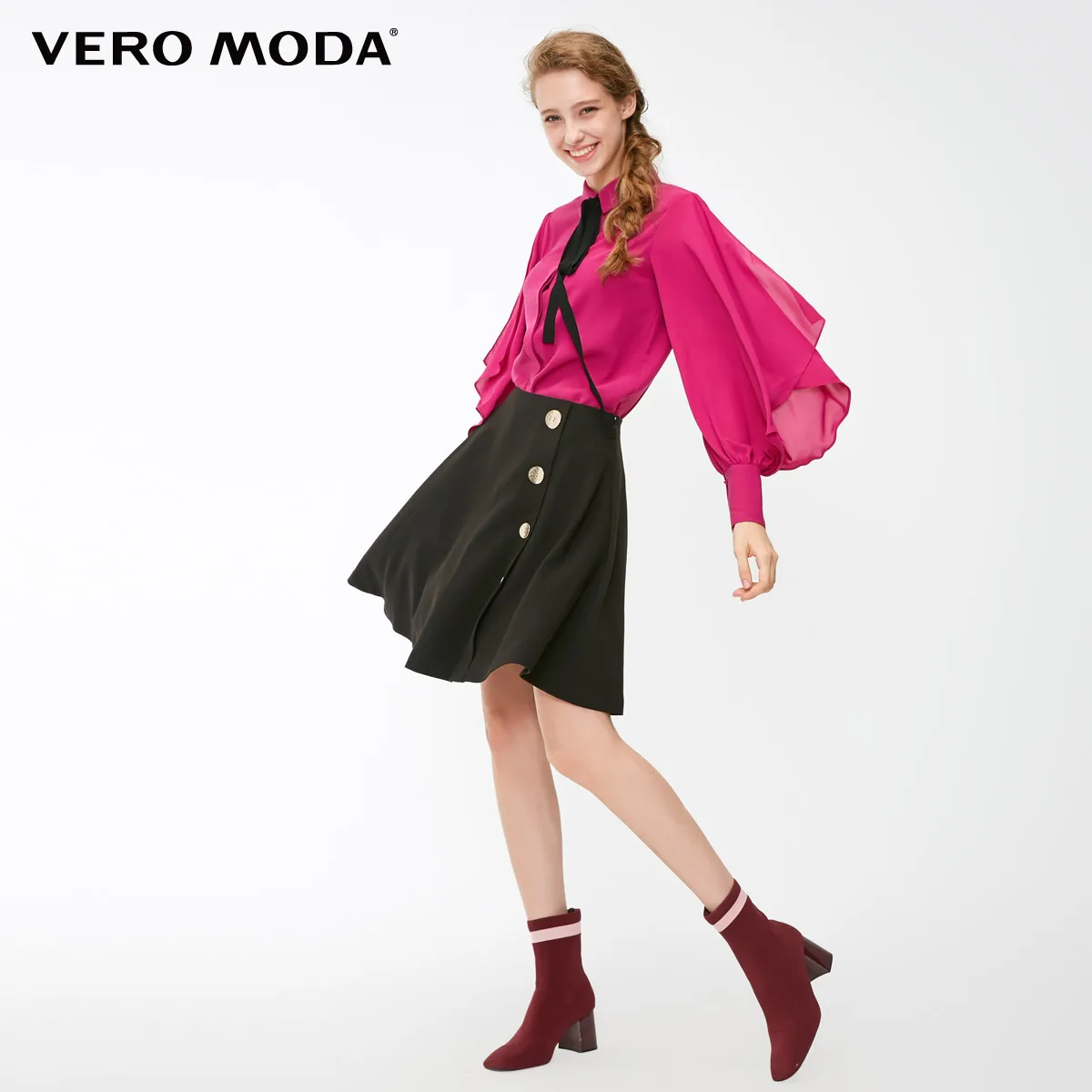 Vero Moda Новое поступление женские открытые Гофрированные Рукава галстук шифоновая рубашка | 318405506