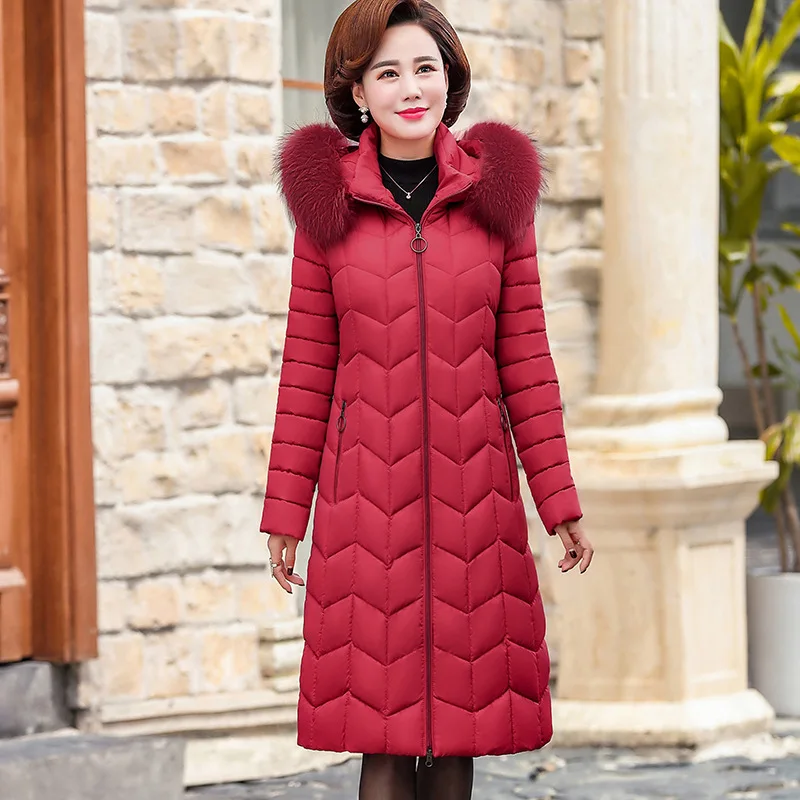 

Off Season Middle Aged And Elderly People down Jacket Cotton-padded Clothes Women's Long over-the-Knee Large Fur Collar Hooded M