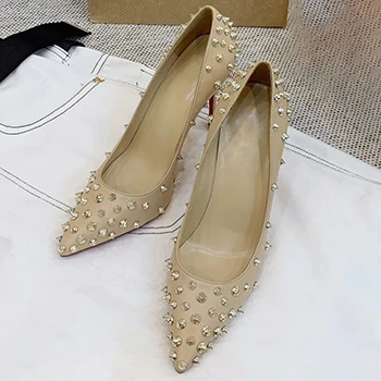 Туфли-лодочки с заклепками; женские туфли-лодочки из натуральной кожи на высоком каблуке; черные туфли-лодочки на высоком каблуке - Цвет: No 4 heel 6.5cm