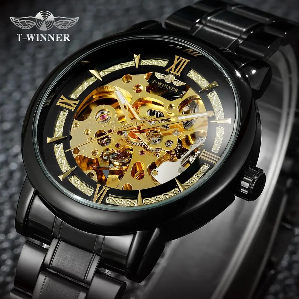

WINNER Brand Fashion Men Watch Gold Mechanical Automatic Stainless Steel Band Male Skeleton Wristwatch Relogio Masculino