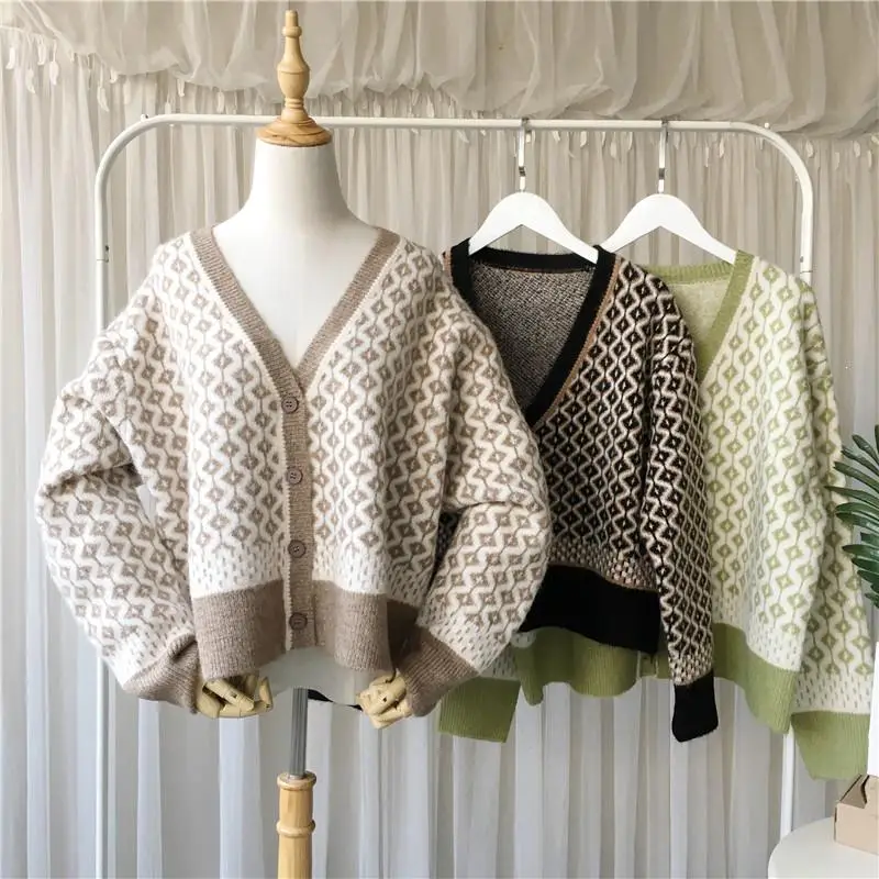 Осень Зима Женский Повседневный Кардиган большого размера с v-образным вырезом толстый теплый клетчатый кардиган с длинным рукавом Свободный вязаный свитер пальто