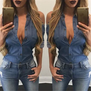 

Female Long Sleeves Shirts New Fashion Cold Shoulder Slim Casual Tops Wear Women Denim Blue Color Buttons Spring Summer Jumper