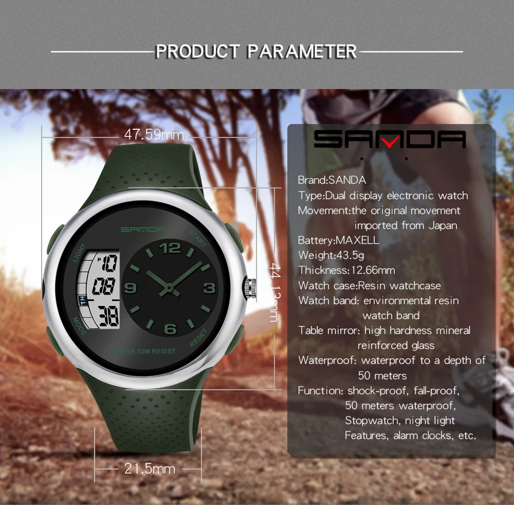 SANDA Mens Sports Personalized 50M Waterproof Student Watches Fashionable Multifunctional Luminous Outdoor Electronic Watch 763