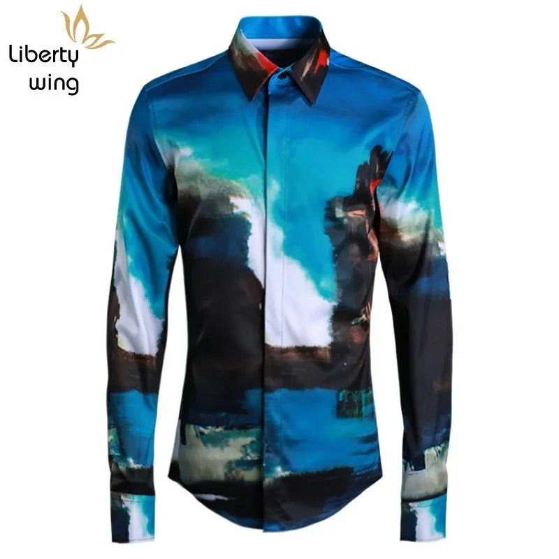 

Fashion Spring New Long Sleeve Mens Colorful Printed Casual Shirts Office Party Man Tops Luxury Hawaiian Cotton Breathable Shirt