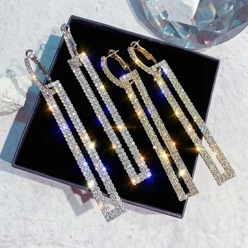 

4 Colour Fashion Long Geometric Drop Earrings Luxury Gold Silver Color Rectangle Rhinestone Earring for Women Party Jewelry Gift