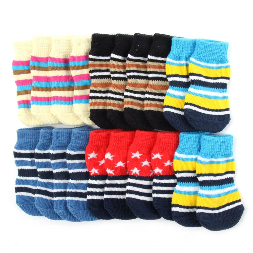 

Small Pet Dog Cotton Socks Cat Stripes Pattern Anti-Slip Rubber Shoes Boots 5 Color