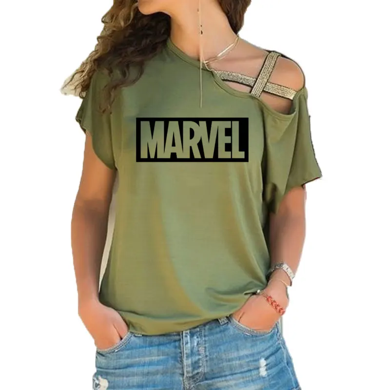 Панк Рок MARVEL печати хлопок плюс размер футболка Женская Сексуальная Милая футболка топы Харадзюку Повседневная Асимметричная Skew крест футболка - Цвет: 4