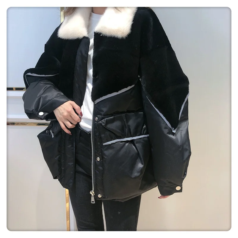 

2023 Newest Black White Women Jacket Lamb Fur Mink Fur Collar Supper Warm Thicken Female Short Coat Long Sleeve Winter Parkas