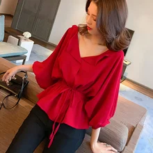 Офисная женская красная блузка с v-образным вырезом, женские новые рубашки с расклешенными рукавами и шнуровкой на талии, супер сказочные шифоновые блузки, женские топы