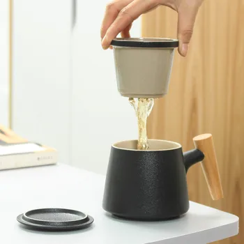 

Creative Ceramic Simple Tea Infuser Cup With Lid Cover Filter Wooden Handle Milk Coffee Juice Cup Tumbler Water Mugs Drinkware